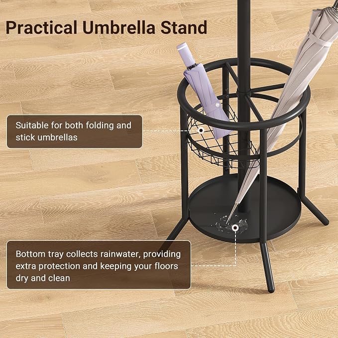 ELYKEN Coat Rack Freestanding, Metal Coat Rack Stand with Umbrella Holder, Modern Coat Tree with 12 Hooks, Floor Standing Corner Hall Tree for Entryway Living Room Bedroom Office, Black