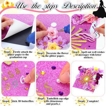 Wavwavw 47 Pcs DIY Purple Graduation Cap Decorations Accessory Kit 3D Artificial Flowers Butterfly Decals Rhinestone Pearl Stickers Letter Stickers Glitter Paper for Grad Hats Decor