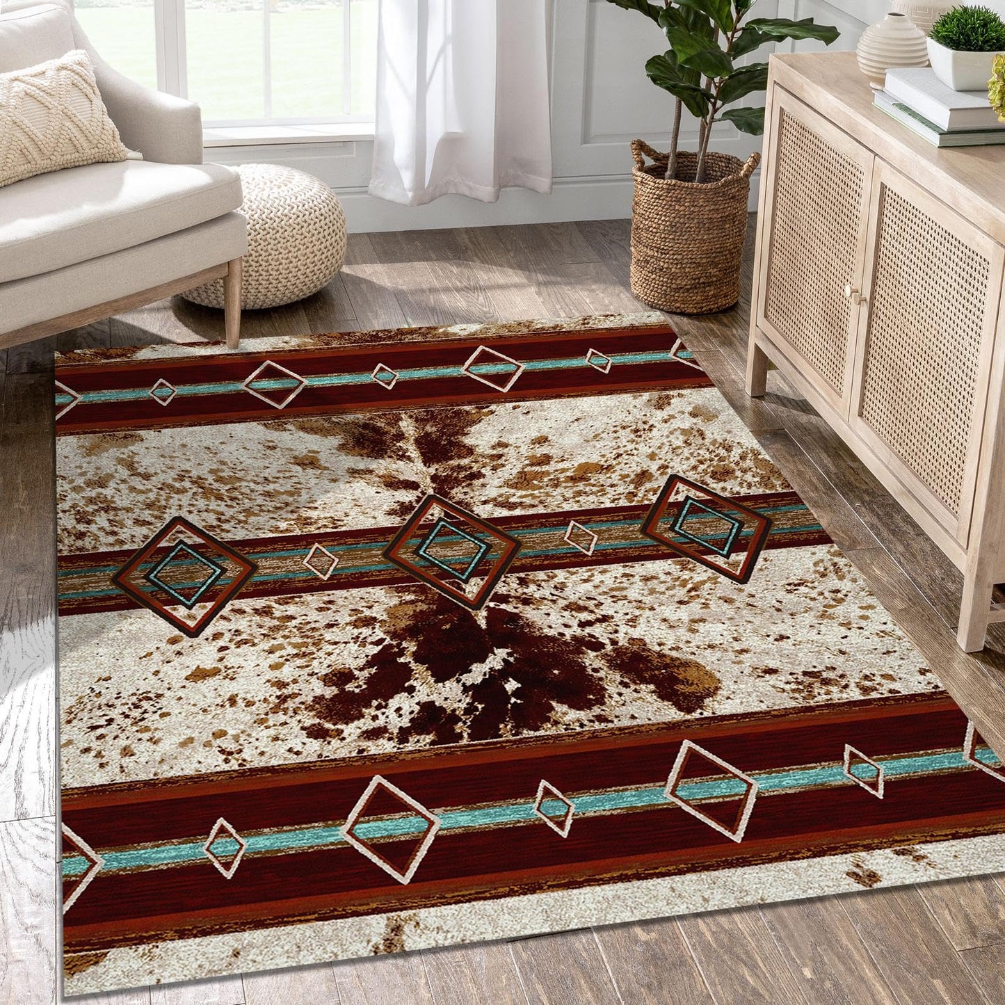 Combo Southwest Faux Cowhide Area Rug and 4 Pcs Non-Slip Rug Tape for Living Room, Bedroom, Southwestern Area Rugs, Native American Rug, Geometric Western Rugs, Aztec Tribal Rugs Home Decor 3x5 ft