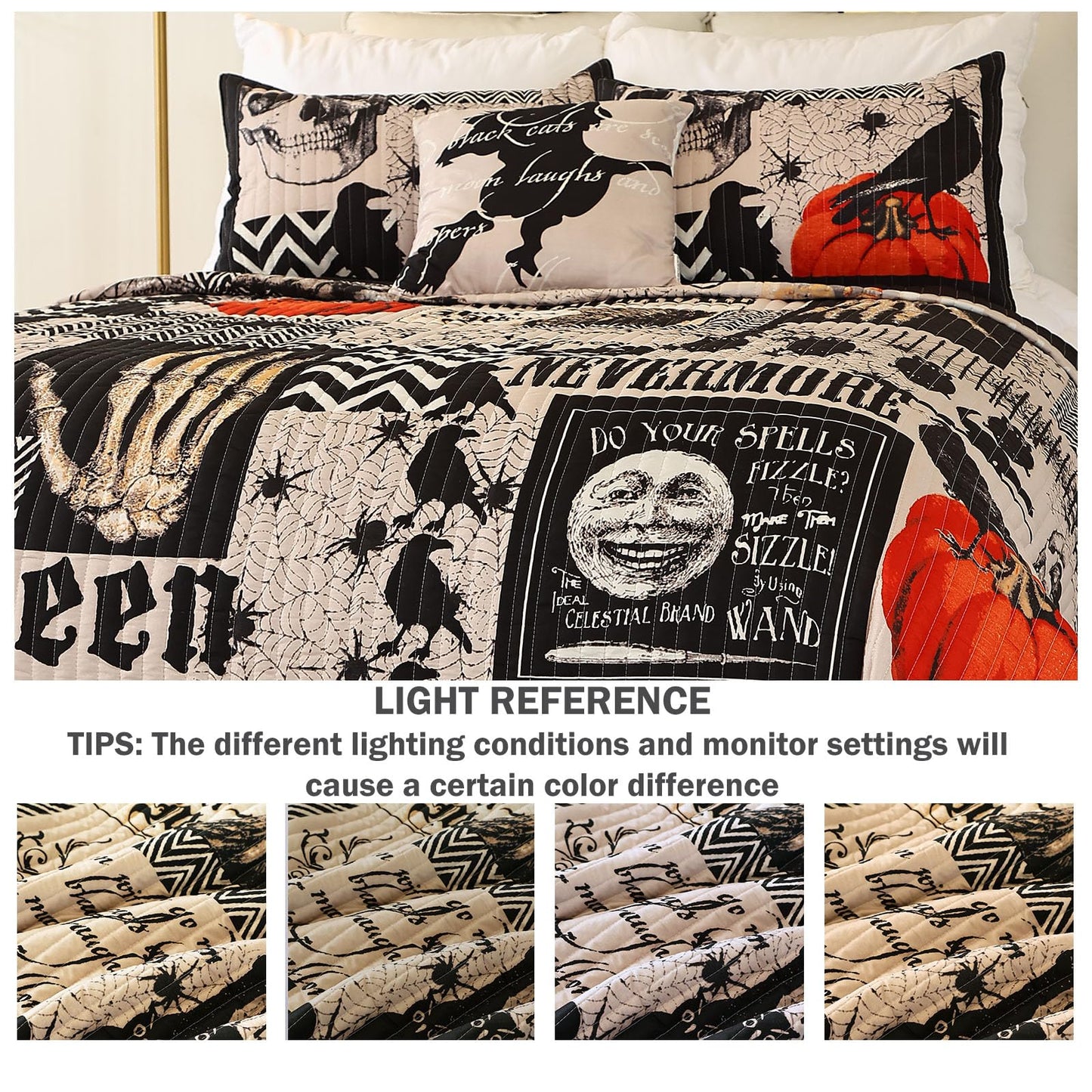 Halloween Quilt Set Queen Size,Black Orange Reversible Quilt Bedding Set 4PCS,Cat Pumpkin Spider Festival Themed Bedspread Full,Decorative Bedding Coverlet with 3 Pillow Shams(Orange&Black,90"x90")