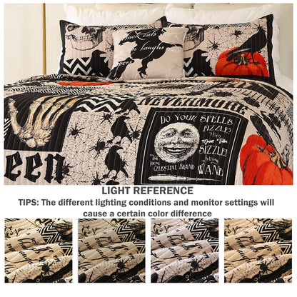 Halloween Quilt Set Queen Size,Black Orange Reversible Quilt Bedding Set 4PCS,Cat Pumpkin Spider Festival Themed Bedspread Full,Decorative Bedding Coverlet with 3 Pillow Shams(Orange&Black,90"x90")