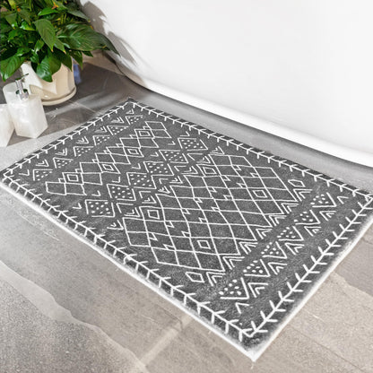 Tititex Luxury Dark Grey White Bohemian Runner Rug, 20x32 inch Extra Soft Microfiber Area Rugs, Non-Slip Plush Shaggy Boho Bedside Carpet, Mats for Bedroom Floor, Laundry and Doorway