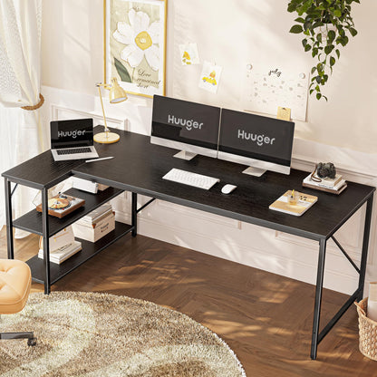 Huuger L Shaped Desk, 63 Inches Computer Desk with Reversible Storage Shelves, Gaming Corner Home Office Writing Study, Metal Frame, Black