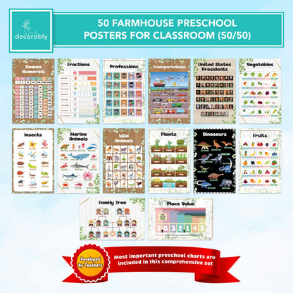 Decorably 50 Farmhouse Theme Kindergarten Posters for Homeschool, 11x17in Matte-Laminated Preschool Educational Toddler Learning Decor - Classrooms, Hallways, Bulletin Boards