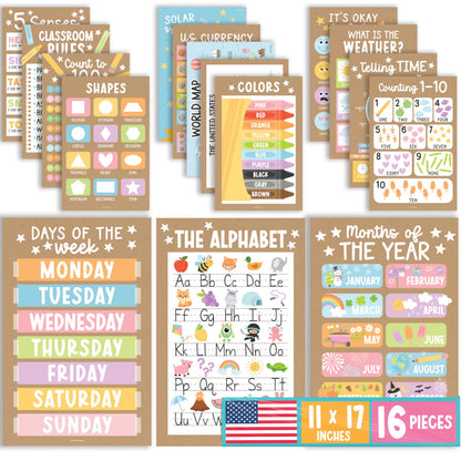 Hadley Designs 16 Educational Posters for Classroom Must Haves - Laminated Pre-K Posters for Toddler Homeschool Essentials, Toddler & Preschool Learning Activities, Kindergarten Classroom Decor