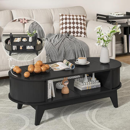 Coffee Table with 2 Hidden Storage,Mid Century Modern Coffee Table with Fluted Finish,Wood Center Tables Oval Coffee Tables with Flip-Top Lids for Living Room Home Office (Black)