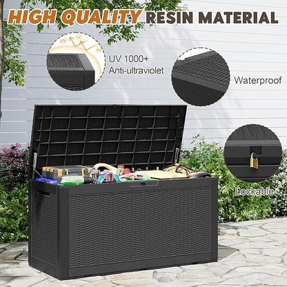 Outdoor Storage Box, Resin Deck Boxes Indoor and outdoor, Waterproof Storage Box Lockable Lid (Black, 110 Gallon)