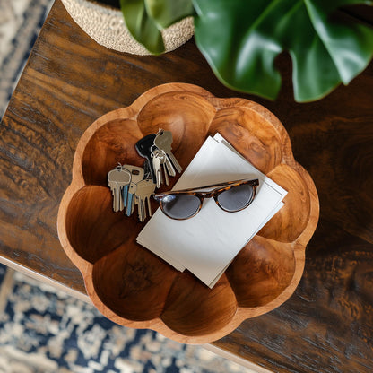 Spaceneat Wooden Fruit Bowl for Kitchen Counter - 11.8" x 3.2" Large Teak Wood Serving Bowl for Food, Salad, Bread or Home Decor - Handcrafted by Artisans in Indonesia - Dining Decorative Centerpiece