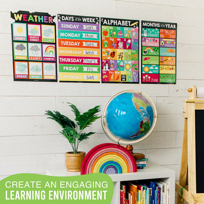 Hadley Designs 4 Alphabet, Months of the Year, Weather, Days of The Week Calendar For Kids, ABC Chart for Wall for Toddlers, Laminated Charts for PreK Classroom or Homeschool, Chalk Posters 11x17