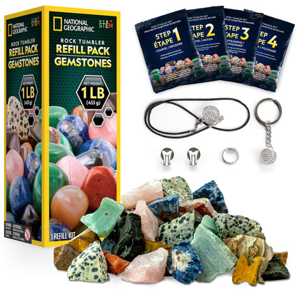 NATIONAL GEOGRAPHIC Rock Tumbler Refill Kit - 1 Lb. Gemstone Mix of 9 Varieties including Tiger's Eye, Amethyst and Quartz - Comes with 4 grades of Polishing Grit, Jewelry Fastenings, Learning Guide