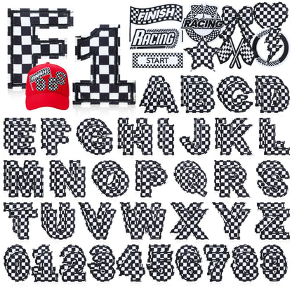 Meneng Letters and Numbers Patches for Racing: 82 Pcs Iron On Checkered Letters with Car Patches - Embroidered Flag Lightning Patch for Jacket Hat Customization