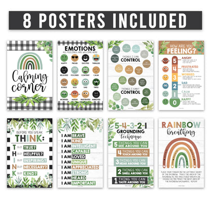 Hadley Designs 8 Calming Corner Posters for Classroom Must Haves - Calm Down Corner Supplies with Emotions Chart, School Counselor Mental Health Poster, Feelings Chart For Kids, Boho Classroom Decor