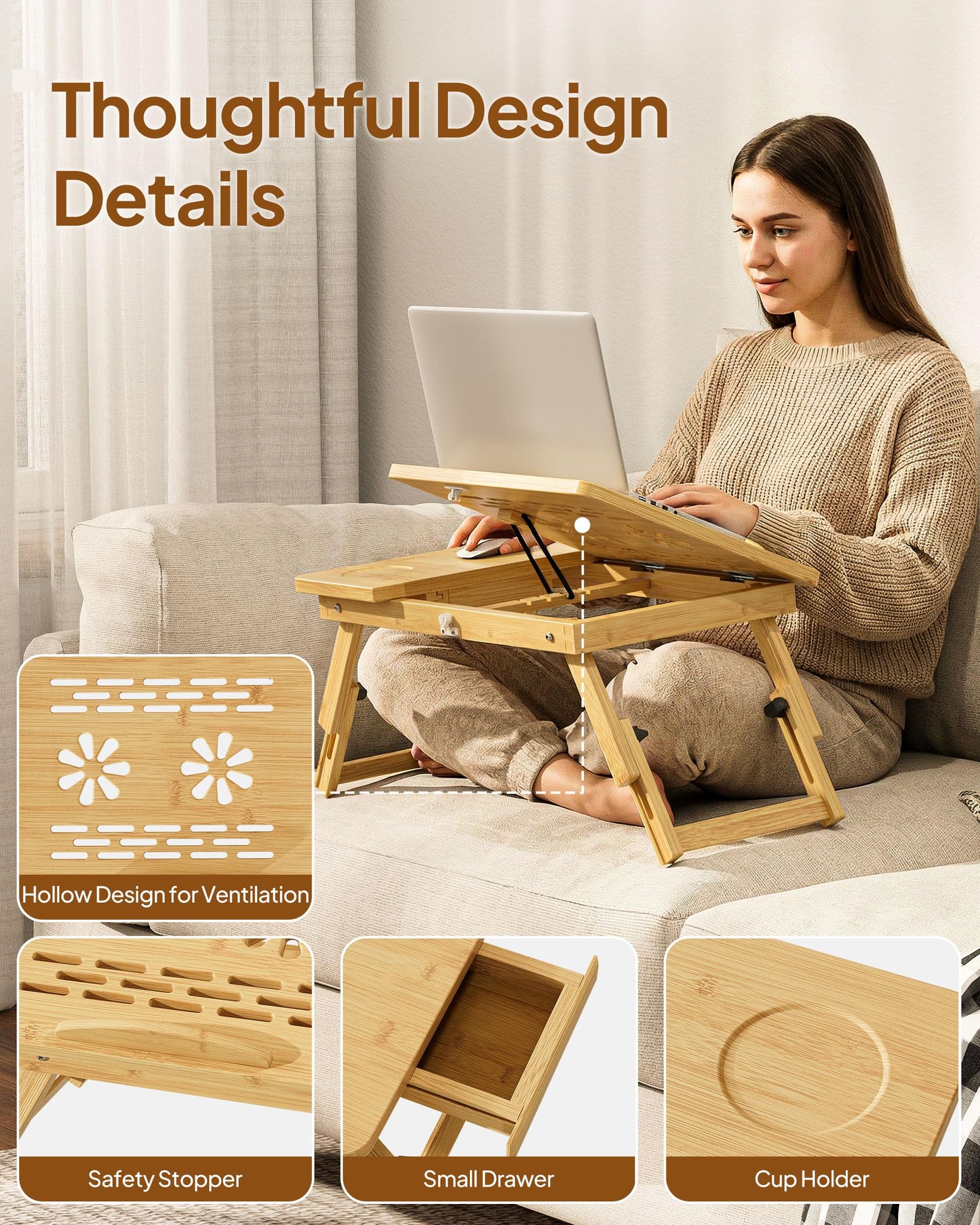 Bamboo Lap Desk,Adjustable Bed Desk with 4 Angle Options and Folding Design,Laptop Stand for Bed,Writing,Office Work,Drawing,Sofa & Travel