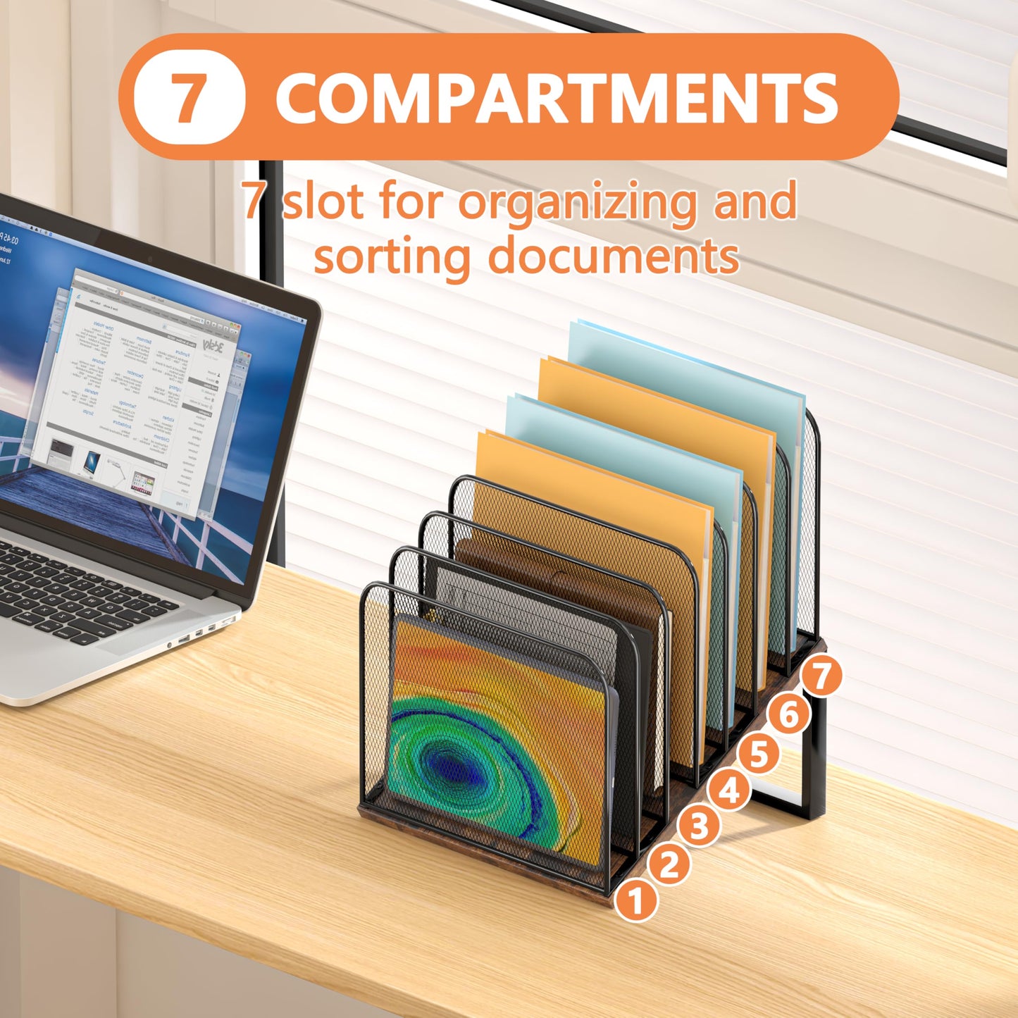 Piskyet Wooden Desk File Organizer, 7-Section Vertical File Folder Holder Stand,Metal Mail Paper Chromebook Organizer for Teacher Desk Office Classroom Desktop Organization（Inclined）