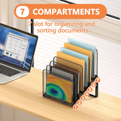 Piskyet Wooden Desk File Organizer, 7-Section Vertical File Folder Holder Stand,Metal Mail Paper Chromebook Organizer for Teacher Desk Office Classroom Desktop Organization（Inclined）