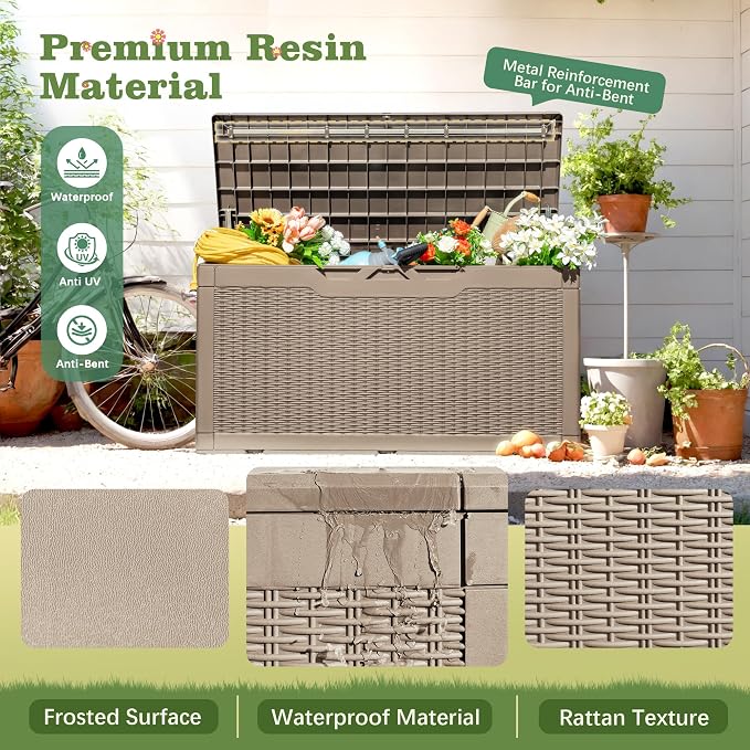 Flamaker Outdoor Storage Box 100 Gallon Waterproof Resin Deck Box Delivery Box with Air Rod Indoor Outdoor Lockable Storage Bench for Patio Cushions, Tools, Pool Accessories (Brown)