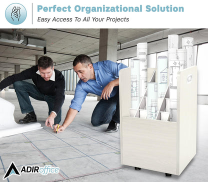 AdirOffice Adir Blue Print Storage Organizer - Mobile Roll File Cart, Construction Plan Holders, Blueprint Cabinet with Wheels, Roll Files Storage for Office and Home (20 Slots, White)