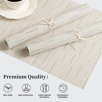 Leetaltree Pale Beige Placemats Set of 12 - Heat Resistant Non-Slip Place mats for Dining Table, Washable Durable PVC Vinyl Woven Table Mats（Pale Beige, 12）