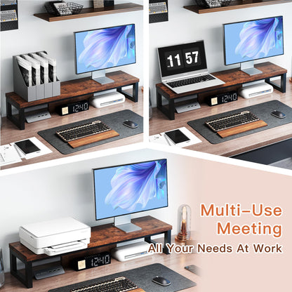 HEWORLIF Dual Monitor Stand Riser, Wood and Steel Monitor Riser, Long Computer Monitor Stands for 2 Monitors, Desk Shelf for Computer, Laptop, Printer, TV, Brown