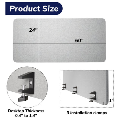 KERRAM Desk Privacy Panel 24 x 60 Inch, Sound Absorbing & Proof Desk Divider for Office, Clamp-on/Screw-on Acoustic Desk Back Panel Partition, Gray