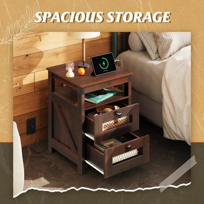 WLIVE Nightstand with Charging Station, Farmhouse End Table, Bed Side Table with 2 Storage Drawers and Open Shelf, Wood Rustic Nightstands for Bedroom, Espresso