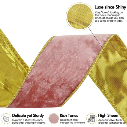 MEEDEE Pink and Gold Velvet Ribbon 2.5 inch Thick Velvet Wired Edge 10 Yards Two Tone Ribbon for Christmas Tree, Gift Wrapping, Wreaths, Large Bows, Crafts Supply