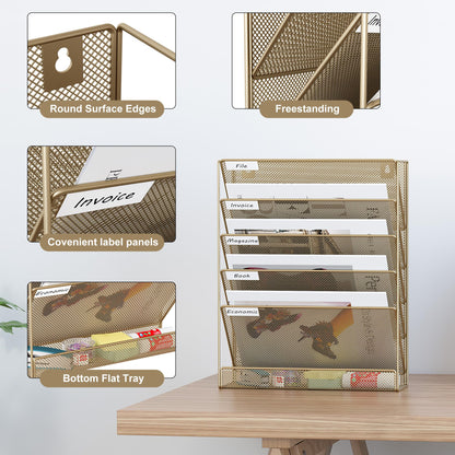 EasyPAG 5 Tier Wall File Holder, Mesh Hanging Folder Organizer with Classify Label, Versatile Desk File Holder, Vertical Wall Mounted Mail Organizer for Office Home Cubicle, Gold