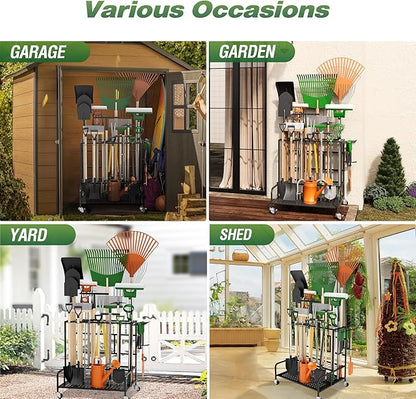 Garden Tool Organizer Rack with Wheels Up to 39 Tools, Heavy-Duty Steel Yard Tool Organizer for Garage Storage with 12 Hooks, Broom Holder & Garden Tool Rack for Shed, Patio, Outdoor Use, Black