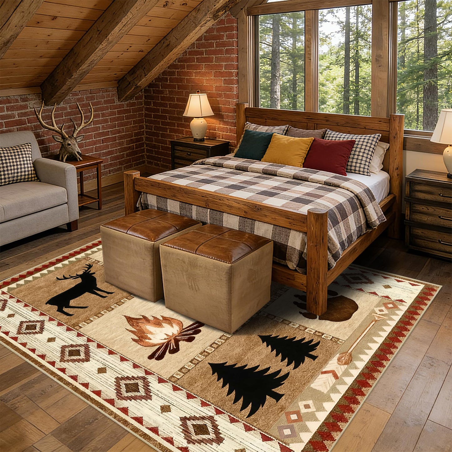 Area Rug 5x7 Rustic Cabin Bear Deer Rug Lodge Country Farmhouse Wildlife Rugs for Living Room Southwesten Machine Washable Non-Slip Printed Low-Pile Indoor Carpet for Bedroom Dining Room Office