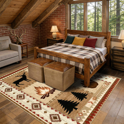 Area Rug 5x7 Rustic Cabin Bear Deer Rug Lodge Country Farmhouse Wildlife Rugs for Living Room Southwesten Machine Washable Non-Slip Printed Low-Pile Indoor Carpet for Bedroom Dining Room Office