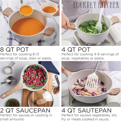 Country Kitchen Non-Stick Cast Aluminum Cookware Set - Durable Kitchen Cookware for Everyday Cooking, Cream, 13 Pc.
