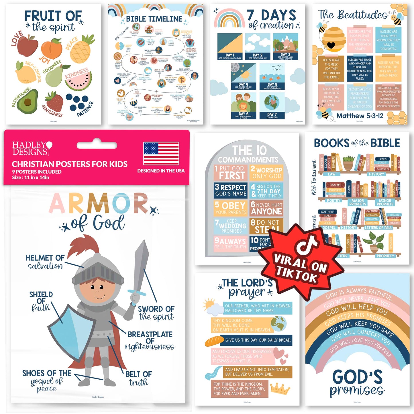 Hadley Designs Sunday School Decorations for Classroom –9 Bible Posters for Kids, Books of the Bible, 10 Commandments, Bible Timeline Chart, Fruits of the Spirit, Boho Christian Classroom Decor