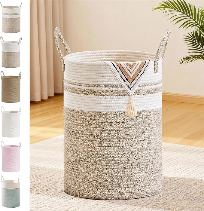 Tall Laundry Basket with Handles, 58L Portable Dirty Clothes Hamper, Boho
