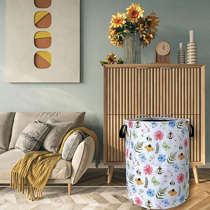 Cute Bee Floral Flowers Laundry Basket Foldable
