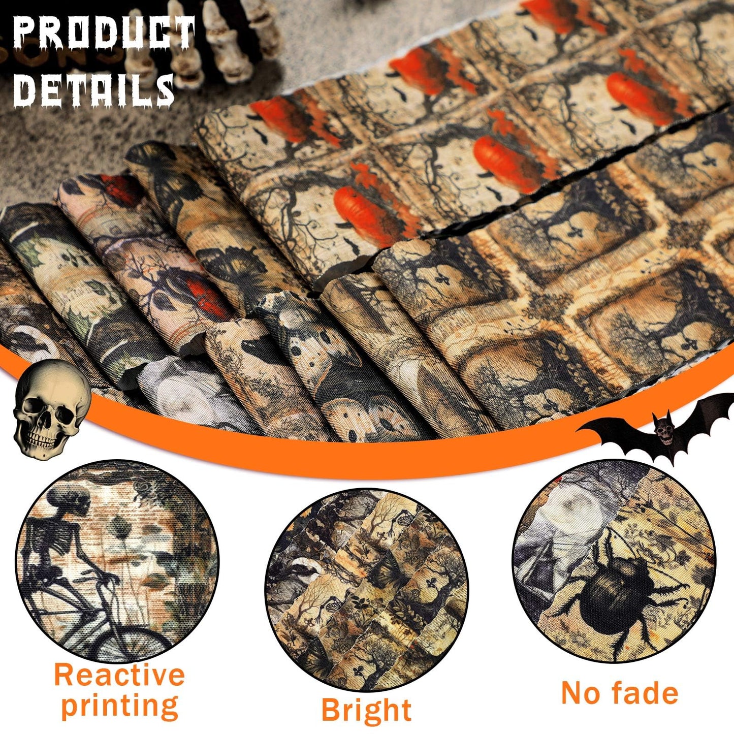 Hosuly 40 Pcs Vintage Halloween Fabric Gothic Fabric Skeleton Crow Butterfly Rose Heart Quilting Patchwork Roll Black Halloween Quilting Strips 2.55 Inch Precut for Sewing Material DIY Crafts