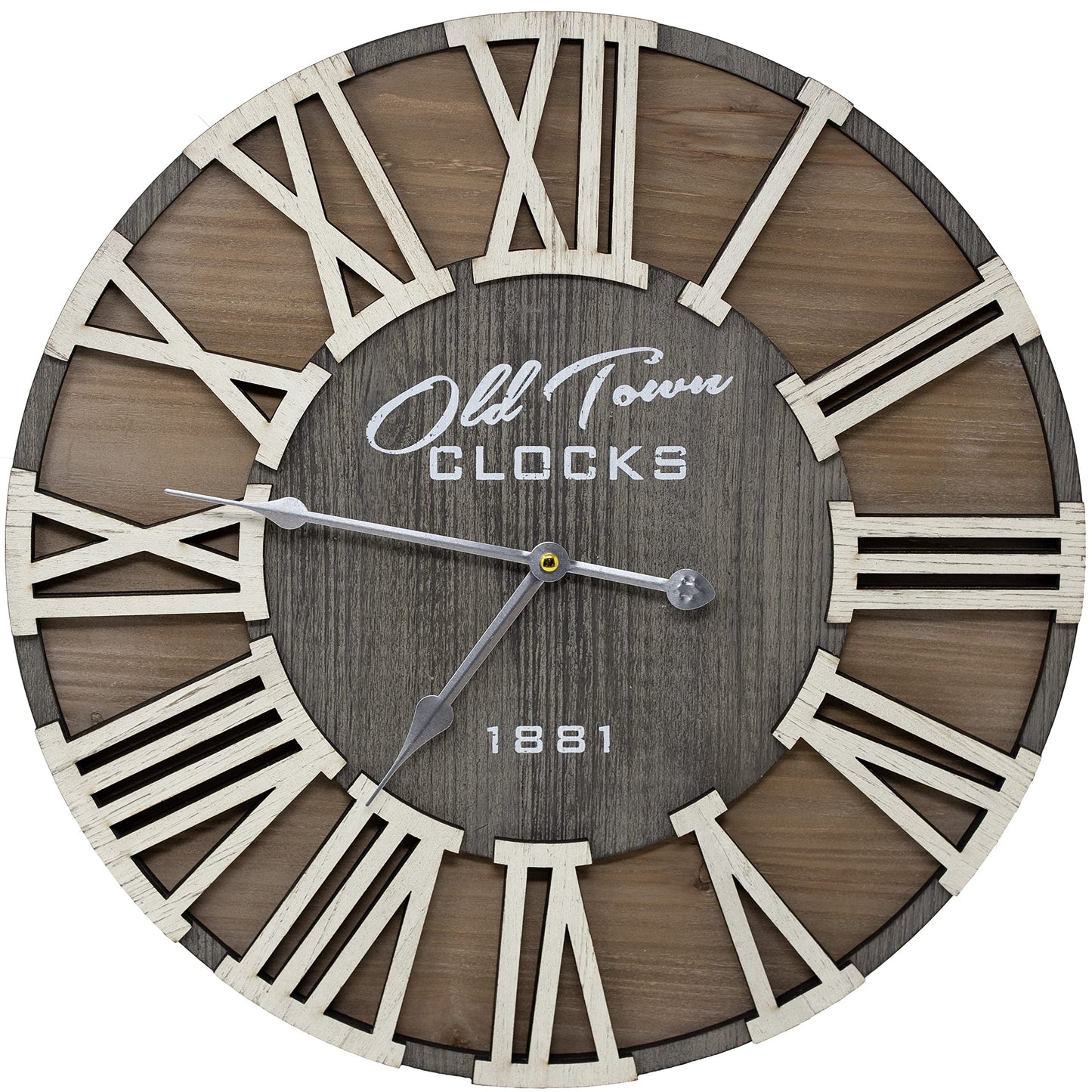 Oldtown Clocks 18" Rustic Farmhouse Wash Out Vintage Roman Wooden Wall Clock Silver Hands (Whitewood Lettering, 18 inch)