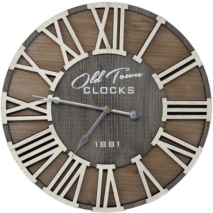 Oldtown Clocks 18" Rustic Farmhouse Wash Out Vintage Roman Wooden Wall Clock Silver Hands (Whitewood Lettering, 18 inch)