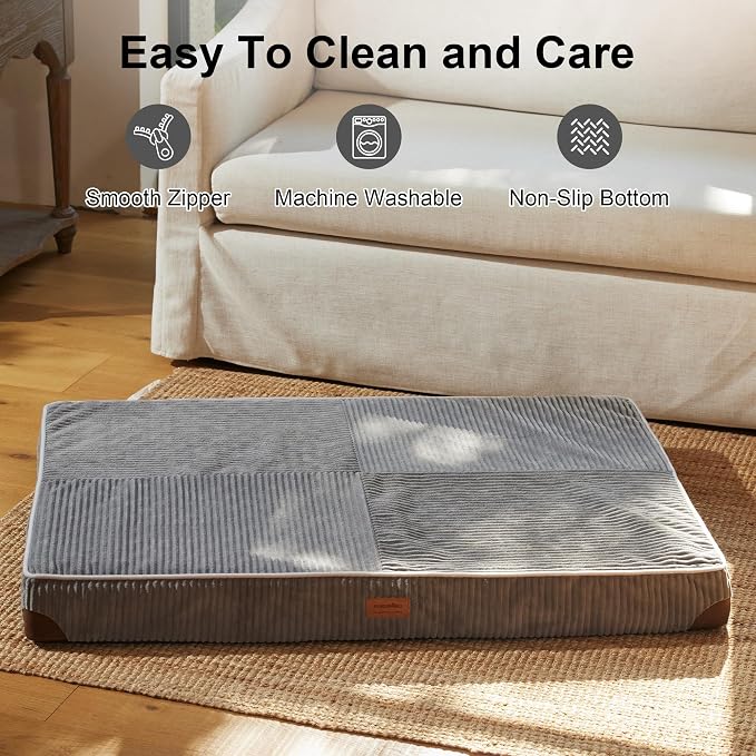 FUKUMARU Dog Bed, Thickened Corduroy Orthopedic Dog Beds with Washable Cover, XL Waterproof Dogs Bed for Crate, 28D Egg Crate Foam Support Pet Mat, Cozy Pet Bed Pad with Anti-Slip Bottom, Grey