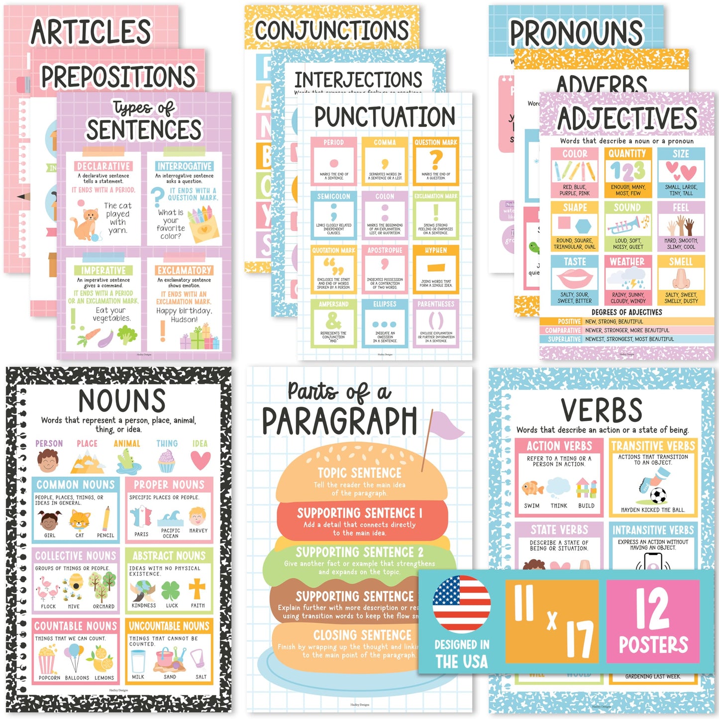 Parts of Speech Posters for Classroom Must Haves - 12 English Grammar Posters, Writing Process Language Arts for Homeschool, Elementary & Middle School, ELA 3rd 4th & 5th Grade Pastel Classroom Decor