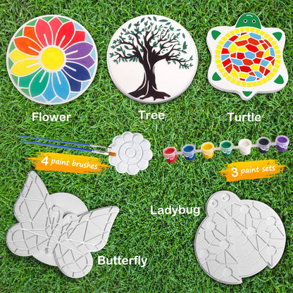 Weilim Paint Your Own Stepping Stones 5-Pack for Kids, Boys & Girls Ages 3-12, Butterfly, Turtle, Flower, Tree & Ladybug DIY Outdoor Garden Art & Craft Ceramic Painting Set Easter