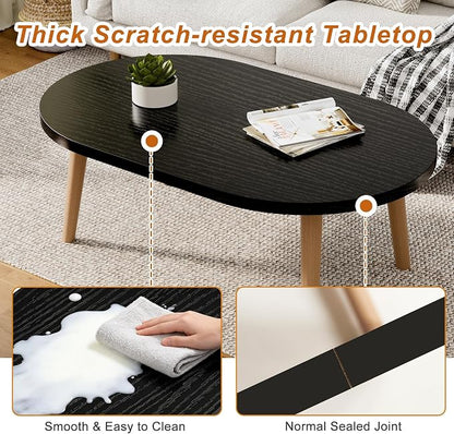 Coffee Table Low Table with Solid Wood Legs, 31.5x19.7 Large Coffee Table Side Table, Floor Table Desk for Sitting on The Floor, Living Room Furniture for Office Apartment Home, Oval Black
