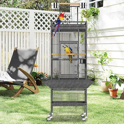 61" Extra Large Bird Cage with Rolling Stand & Play Top - Wide Metal Parrot Cage for Macaws, Cockatoos, Conures, Parakeets, Lovebirds, Includes Bowls