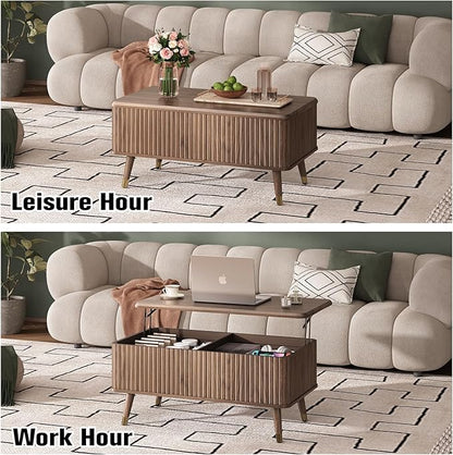 JOINICE Lift Top Coffee Table with Storage, Mid Century Modern Fluted Wood Design,Pop-Up Walnut Center Table with Hidden Compartment for Living Room & Home Office Work/Dining