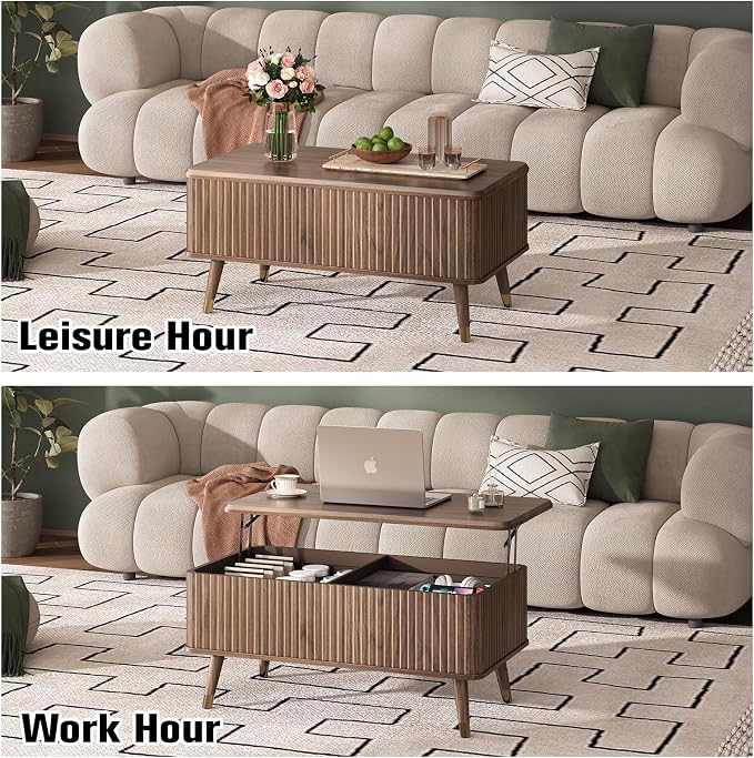 Lift Top Coffee Table with Storage, Mid Century Modern Coffee Table with Solid Wood Legs, 38" Minimalist Fluted Center Table for Living Room, Home Office, Walnut