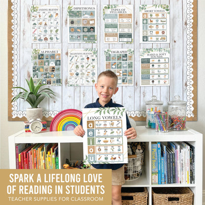 Hadley Designs Phonics Posters for Classroom Must Haves - 9 Sound Wall for Kindergarten & Elementary Teacher Supplies, Syllable, Vowels, Digraphs & Blends Bulletin Board Set, Greenery Classrom Decor