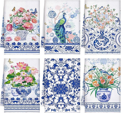 Geyoga 6 Pcs Spring Floral Kitchen Towels Flamingo Dish Hand Towels Sunflower