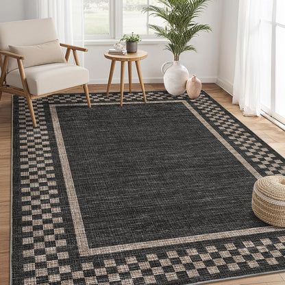 Small Bedroom Area Rug 3x5 Checkered Area Rug for Living Room Nursery Non Slip Kitchen Throw Carpet Low Pile Modern Bordered Rugs Washable Bathroom Mat Soft Brown Rugs for Laundry Entryway, Black