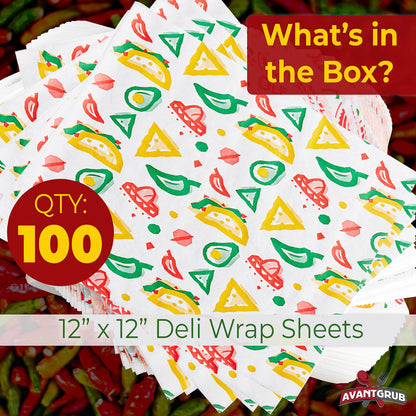 Fun, Fiesta Style 12in Deli Paper 100 Ct. Greaseproof, Microwave-Safe Mexican Themed Tissue Great for Burrito Wrappers or Nacho Basket Liners. Southwest Party Supplies for Cinco de Mayo Celebration