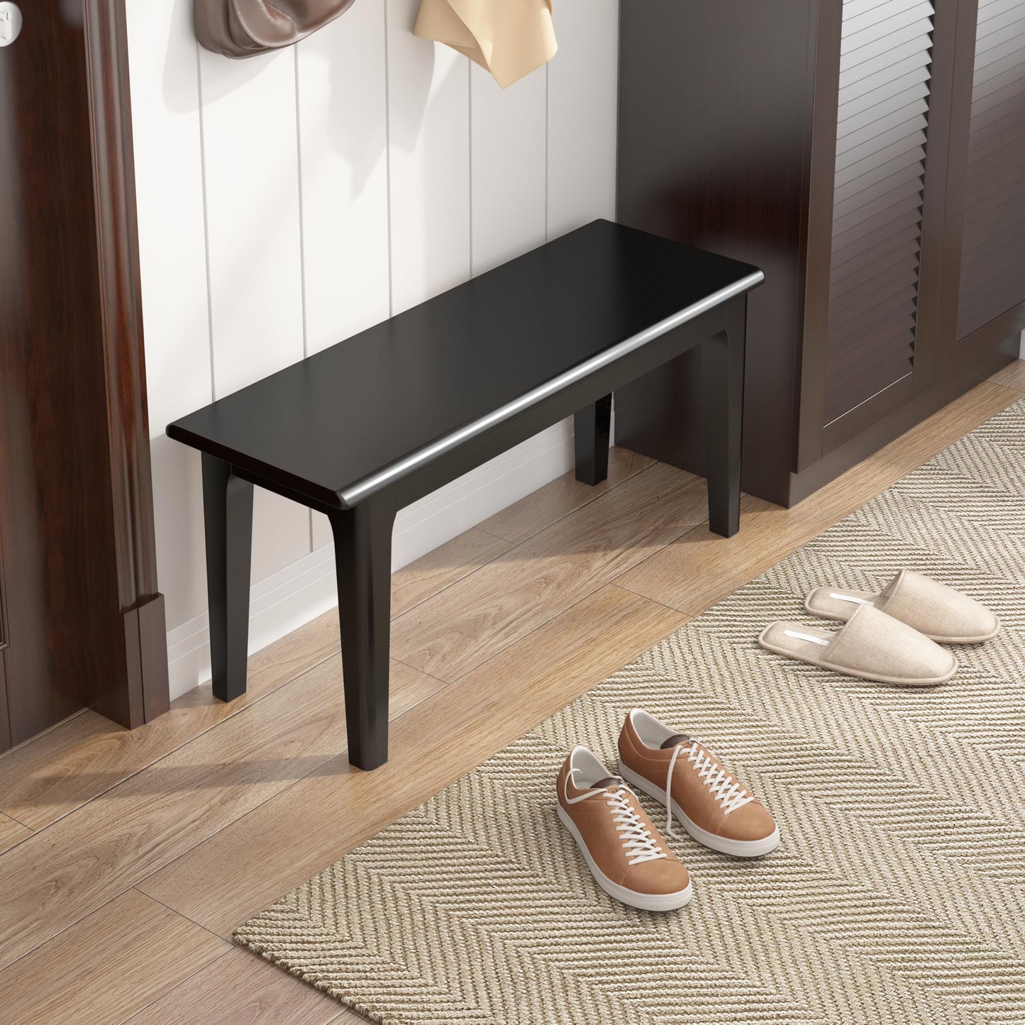 Wilk Wooden Entryway Bench, 39’’ Indoor End of Bed Bench, 100% Solid Oak Wood (Black)