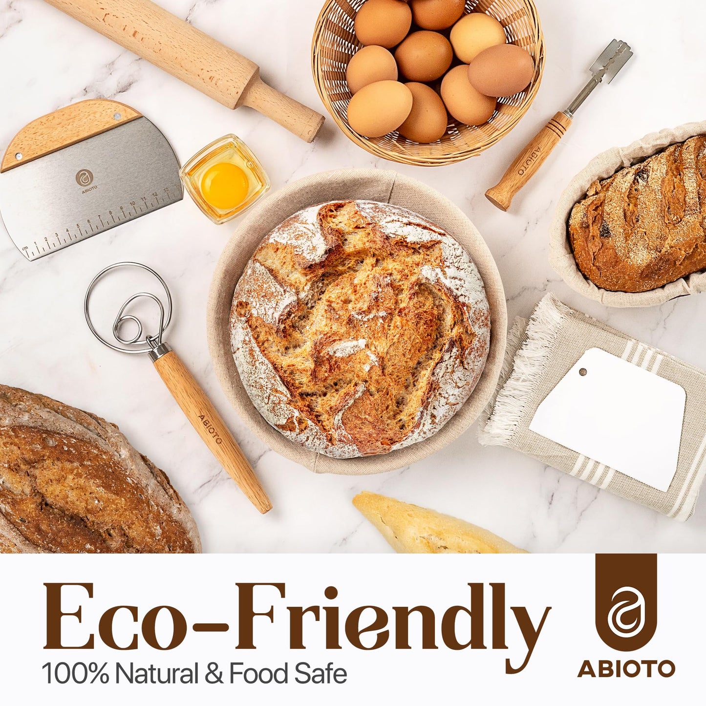 ABIOTO Sourdough Bread Baking Kit - 14-Piece Set with 10" Round & 11" Oval Rattan Banneton Proofing Baskets, Liners, Bread Lame, Danish Whisk & Scrapers for Home Bakers